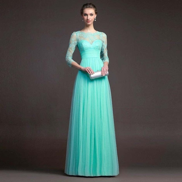 Elegant Round Neck Long Sleeve A-line Chiffon Evening Dress