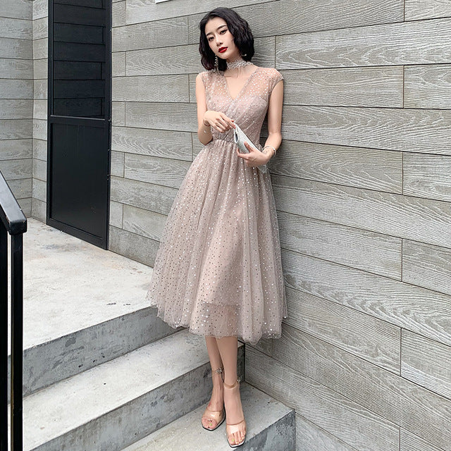 Long Elegant Banquet illusion Evening Gown V-Neck Brilliant