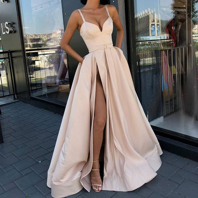 Plus size Evening Dress with High Slit prom Satin